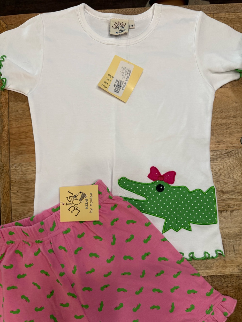 Luigi Kids White Top & Pink Shorts Matching Set with Green Crocodile Girls